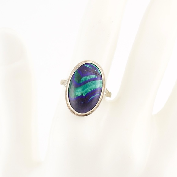 Vintage 14K White Gold Azurite Malachite Ring Size 8 Blue Green Oval Cabochon - Picture 7 of 9